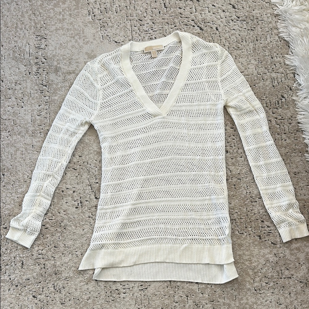 MICHAEL by Michael Kors White Knit V-Neck Sweater (longer length)